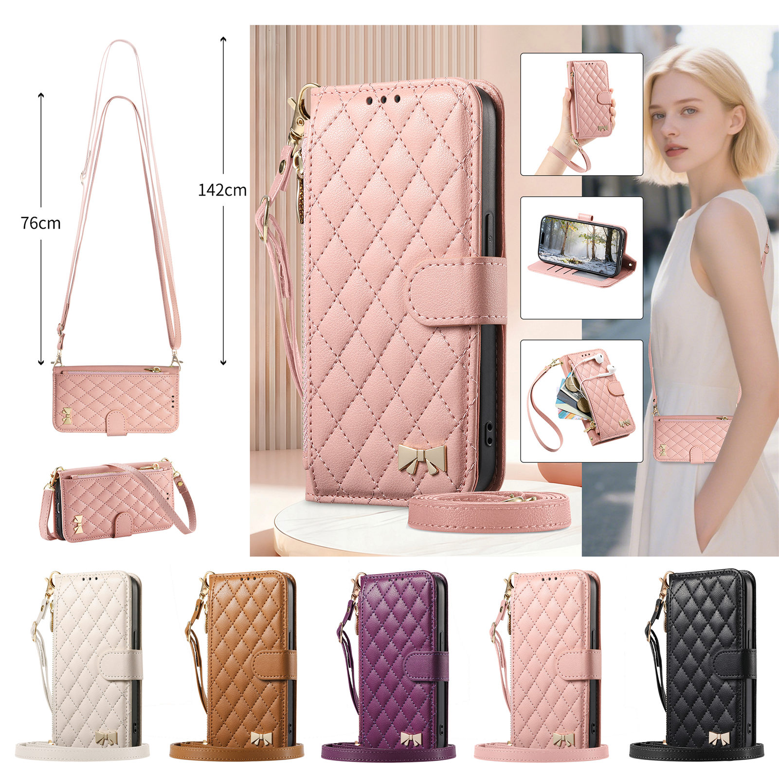 Phone Cases With Card Holder - PU Leather Zipper Crossbody Wrist Strap