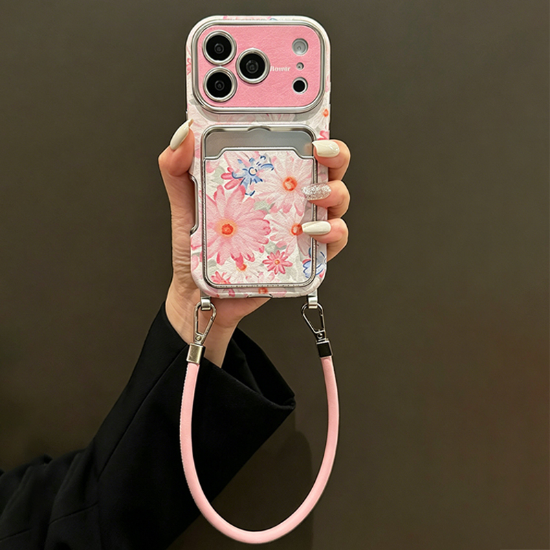 Pink Floral Faux Leather Textu - Phone Cases With Card Holder บทวิจารณ์และราคา