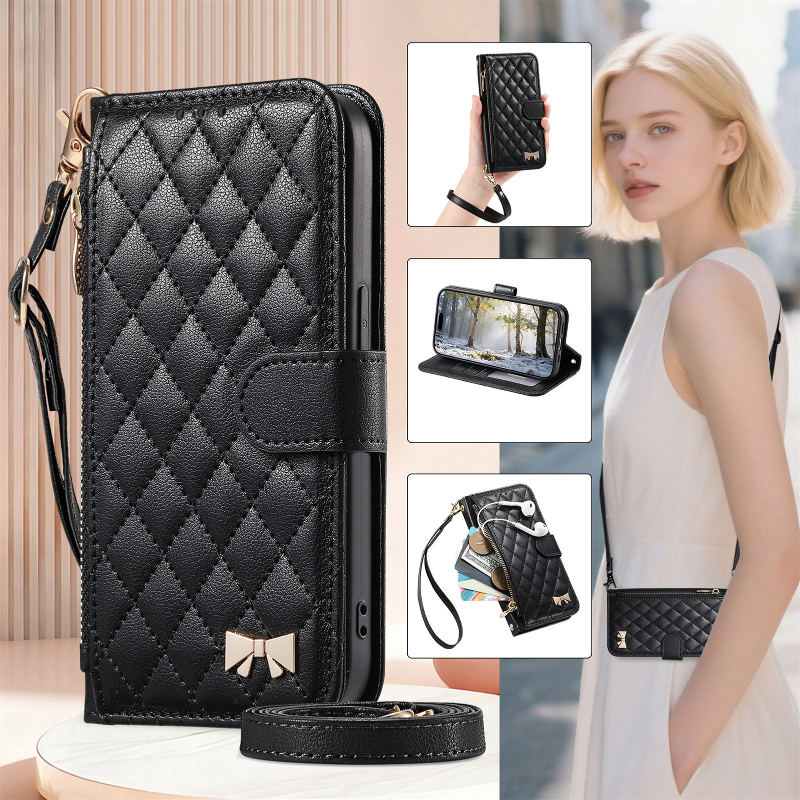 PU Leather Zipper Crossbody Fl - Phone Cases With Card Holder บทวิจารณ์และราคา